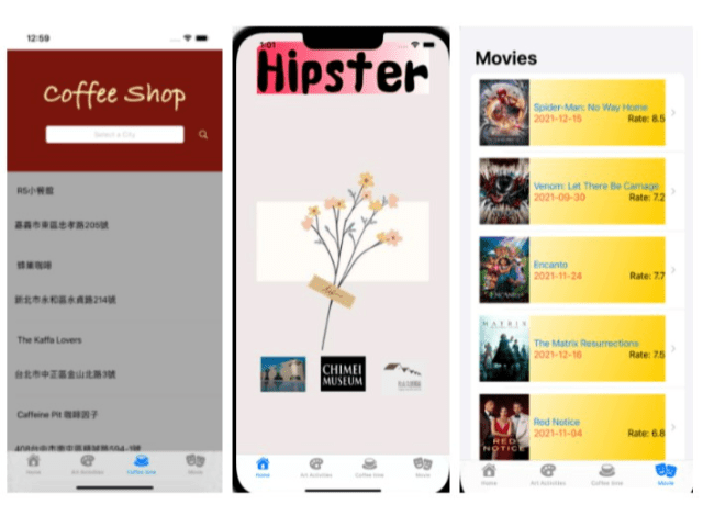 Coffee Shop, Art, and Movies App